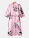 Women Floral Peacock Print Luxury Satin Faux Silk Home Kimono Robes - Pink