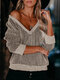 Casual V-neck Long Sleeve Plus Size Cotton Sweater for Women - Khaki