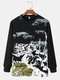 Mens Letter Landscape Printed Crew Neck Pullover Sweatshirts - Black