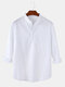 Mens Solid Color Cotton Linen Casual Long Sleeve Split Hem Henley Shirts - White