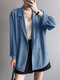 Solid Double Breasted Lapel Long Sleeve Blazer - Blue