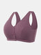 Plus Size Women Solid Color Ribbed Cotton Breathable Wireless Button Front T-Shirt Bra - Purple