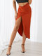 Solid Irregular Split Twisted High Waist Skirt For Women - Orange