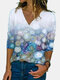 Watercolor Printed V-neck Vintage Long Sleeve T-Shirt For Women - Blue