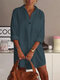 Solid Color Turn-down Collar Long Sleeve Blouse - Blue
