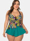 Plus Size Tankinis Print Halter Backless Cover Belly Swimwear For Women - Green