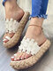 Plus Size Women Casual Summer Beach Vacation Pearls Decor Espadrilles Platforms Thumb Slippers - White