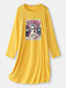 Plus Size Women National Style Graphic Print Ribbed Drop Shoulder Nightdress Pajamas - Yellow