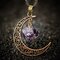 Vintage Metal Natural Stone Crystal Necklace Geometric Hollow Moon Pendant Necklace Sweater Chain - Purple