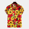 Mens Sunflower Printing Breathable Casual Turn Down Collar Short Sleeve Shirts - Red