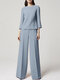 Women Solid Crew Neck Wide Leg Pants Casual Co-ords - Blue