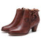 SOCOFY Retro Flower Genuine Leather Elegant Comfy Wearable Chunky Heel Ankle Boots - Coffee