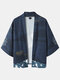 Mens Crane Print Ethnic Style Open Front 3/4 Sleeve Kimono - Navy