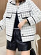 Plaid Long Sleeve Turn-down Collar Pocket Jacket For Women - White