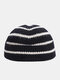 Unisex Knitted Color Contrast Striped Jacquard Dome Warmth Brimless Beanie Landlord Cap Skull Cap - Black