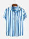 Men Four Colors Short Sleeve Casual Striped Designer Shirts - Blue