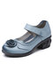 SOCOFY Vintage Comfort Leather Flower Round Toe Mary Jane Pumps - Blue