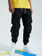 Mens Solid Color Applique Multi Pocket Drawstring Waist Cuffed Cargo Pants - Black