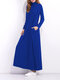 Casual Women Solid Long Sleeve Turtleneck Pockets Maxi Dress - Blue