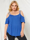 Plus Size Backless Design Cold Shoulder Half Sleeves T-shirt - Blue