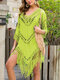 Women Crochet Tassel V-Neck Solid Color Pullover Cover Up Swimsuit - Fluorescent Green