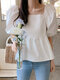 Solid Pleated Puff Sleeves Square Collar Blouse For Women - White