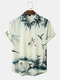 Mens Ink Bamboo & Bird Print Lapel Chinoiserie Short Sleeve Shirt - Apricot