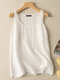Solid Round Neck Sleeveless Casual Cotton Tank Top - White