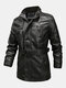 Men Winter Fashion Thicken Fleece Lined Mid-long Plain PU Leather Jacket - Black