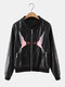 Women Casual Embroidery Pattern Stand Collar Jacket - Black