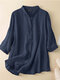 Solid Lapel 3/4 Sleeve Blouse For Women - Blue