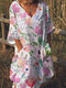 Damen-Aquarell-Blumendruck, V-Ausschnitt, 3/4-Ärmel, Kleid, mit Tasche - Rosa