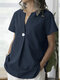 Solid Notch Neck Short Sleeve Button Casual Blouse - Navy