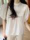 Crochet Lace Stand Collar Puff Sleeve Elegant Blouse - White