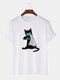 Men 100% Cotton Fun Cat Print Casual Round Neck T-shirt - White