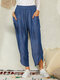 Solid Color Elastic Waist Pocket Asymmetrical-hem Casual Pants for Women - Blue