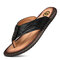 Men Clip Toe Comfy Soft Sole Water Beach Casual Leather Flip Flops - Black
