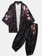 Mens Ethnic Style Loong Gragon Print Kimono Elastic Waist Two Piece Outfits - Black