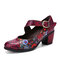 Socofy Retro Floral Printing Leather Patchwork Metal Buckle Chunky Heel Mary Jane Pumps - Wine Red