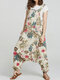 Casual Floral Print Drop-crotch Pockets Plus Size Jumpsuit - Red