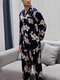 Mens Floral Painting Print Button Lapel Homewear Pajamas Set With Pocket - Black