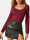 Leopard Patchwork Solid Color Long Sleeve Casual T-shirt For Women - Wine Red