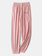 Women Letter Print Cotton Ribbed Elastic Waist Home Sleepwear Jooger Pants - Pink