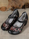 SOCOFY Leather Round Toe Printing Chunky Heel Vintage Shoes - Black