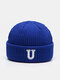 Unisex Knitted Thickened Color Contrast Letter Embroidery Ear Protection Warmth Fashion Brimless Beanie Hat - Royal Blue