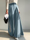Women Solid Pleated Casual Wide Leg Pants With Pocket - Blue