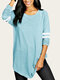 Striped Long Sleeve O-neck Casual Plus Size Blouse - Sky Blue