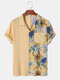Mens Tropical Floral Print Patchwork Camp Collar Short Sleeve Shirts - Khaki