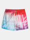 Mens Ombre Coconut Tree Scene Print Lined Holiday Drawstring Swim Trunks - Red