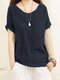 Solid Pocket Roll Short Sleeve Round Neck Casual Blouse - Navy